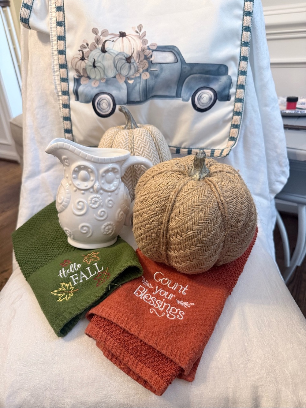Fall Home Decor Bundle - Table Runner, Rustic Pumpkins & Embroidered Towels